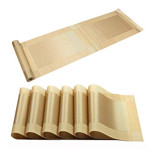 U'Artlines - Mantel individual de vinilo tejido Crossweave con aislamiento de calor, lavable, manteles individuales, dorado, 6+1