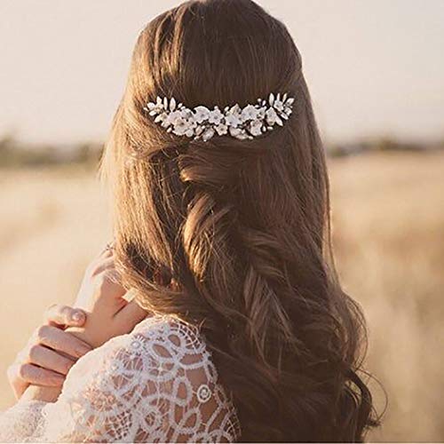 Ubright Peinetas de boda con diseño de flores y perlas para novia, accesorio para el pelo para mujeres y niñas (plata)