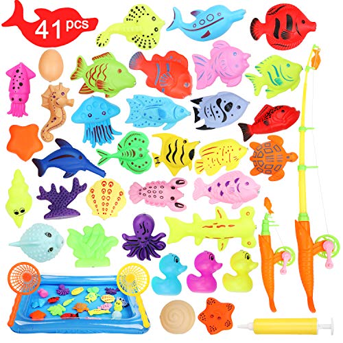 Ucradle Juguete de Pesca magnético, Juego de Juego Educativo de Juego de Pesca con imán Impermeable de 41 PCS Juego de Juego de Juguete de baño, Gran Regalo para niños pequeños con Peces