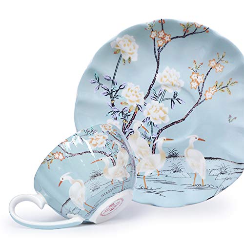 ufengke 8oz Azul Taza de Café de Porcelana Fina con Platillo,Flores de Colores,Platillo y Taza de Té de Porcelana de Grulla Blanca