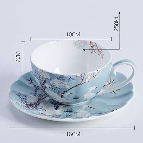 ufengke 8oz Azul Taza de Café de Porcelana Fina con Platillo,Flores de Colores,Platillo y Taza de Té de Porcelana de Grulla Blanca