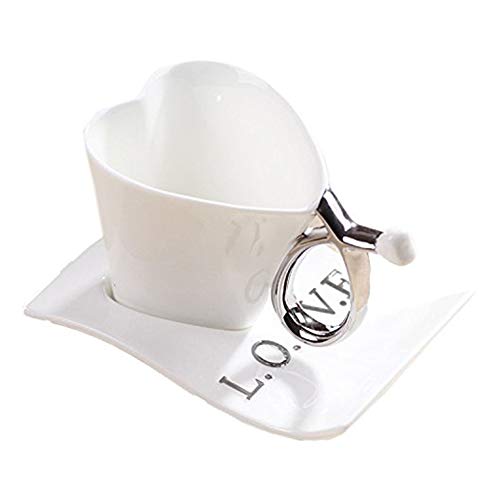 ufengke Creativo Forma De Corazón Tazas De Café Tazas De Té De Porcelana, Love Pareja Romántica Taza Taza De Café De Cerámica con Platillo, para Regalo, La Familia Y La Oficina- 165Ml