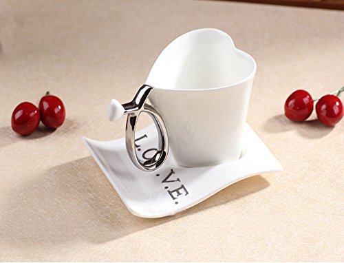 ufengke Creativo Forma De Corazón Tazas De Café Tazas De Té De Porcelana, Love Pareja Romántica Taza Taza De Café De Cerámica con Platillo, para Regalo, La Familia Y La Oficina- 165Ml