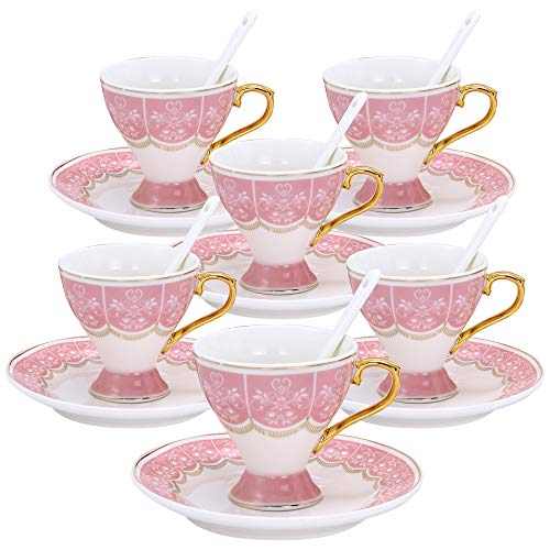 ufengke Juego de 6 Tazas de Café Espresso de Pequeña Capacidad, Taza de Café de Copa de Porcelana, Juego de Tazas de Té y Platillo de Cerámica con Flores, 100Ml - Rosado