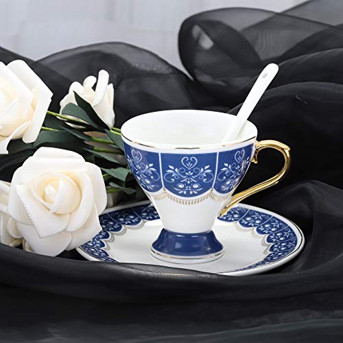 ufengke Juego de 6 Tazas de Café Espresso de Pequeña Capacidad, Taza de Café de Copa de Porcelana, Juego de Tazas de Té y Platillo de Cerámica con Flores, 100Ml - Azul