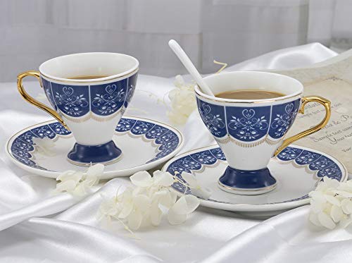 ufengke Juego de 6 Tazas de Café Espresso de Pequeña Capacidad, Taza de Café de Copa de Porcelana, Juego de Tazas de Té y Platillo de Cerámica con Flores, 100Ml - Azul