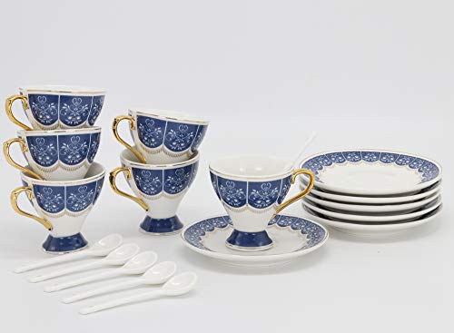 ufengke Juego de 6 Tazas de Café Espresso de Pequeña Capacidad, Taza de Café de Copa de Porcelana, Juego de Tazas de Té y Platillo de Cerámica con Flores, 100Ml - Azul