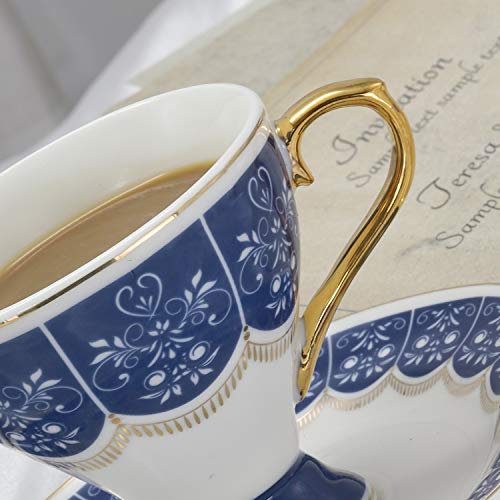 ufengke Juego de 6 Tazas de Café Espresso de Pequeña Capacidad, Taza de Café de Copa de Porcelana, Juego de Tazas de Té y Platillo de Cerámica con Flores, 100Ml - Azul