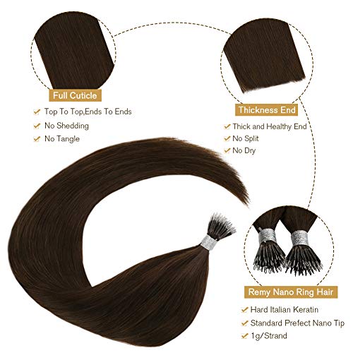 Ugeat 22 Pulgadas Brown Brown Nano Tip Hair Extension Ring Smooth Natural 0.8G Cold Pose Remy Hair Pre Bonded Tips 40 Gramos