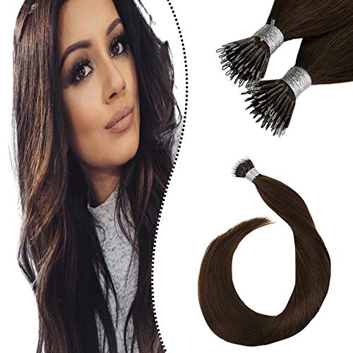 Ugeat 22 Pulgadas Brown Brown Nano Tip Hair Extension Ring Smooth Natural 0.8G Cold Pose Remy Hair Pre Bonded Tips 40 Gramos