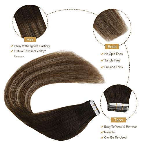 Ugeat 22Pulgada Skin Weft Extensiones Adhesivas de Cabello Natural 100% Remy Pelo Natural Humano Balayage Tape in Hair Extensions 50g 20pcs Liso Largo