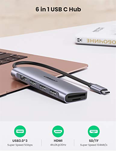 UGREEN Hub USB C, 6 En 1 Adaptador USB C a HDMI 4K, 3 Puertos USB 3.0, Lector Tarjeta SD TF, USB C Dock para Macbook Air Macbook Pro 2020 2019 2018 DELL XPS 13 15, iPad Pro 2020 2018, Samsung S20 S10