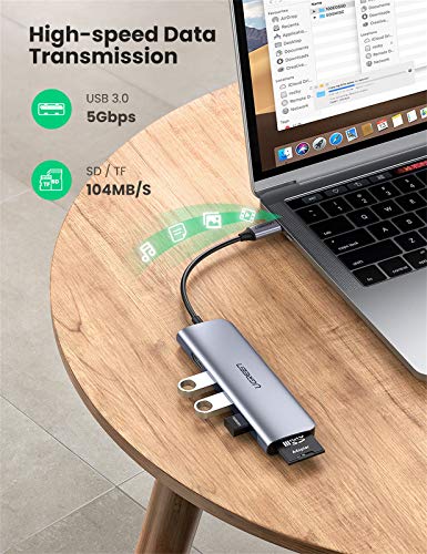UGREEN Hub USB C, 6 En 1 Adaptador USB C a HDMI 4K, 3 Puertos USB 3.0, Lector Tarjeta SD TF, USB C Dock para Macbook Air Macbook Pro 2020 2019 2018 DELL XPS 13 15, iPad Pro 2020 2018, Samsung S20 S10