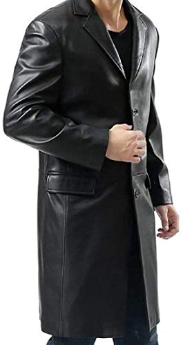 Ugsgdhgsdd Mens Outerwear Faux Leather Single Breasted Classic Slim Fit Trench Coat,Black,S