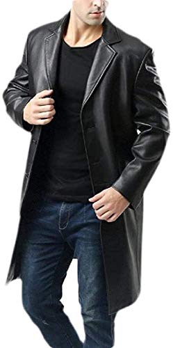Ugsgdhgsdd Mens Outerwear Faux Leather Single Breasted Classic Slim Fit Trench Coat,Black,S