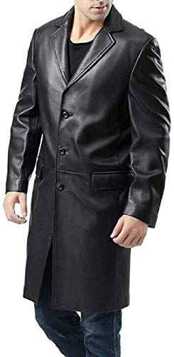 Ugsgdhgsdd Mens Outerwear Faux Leather Single Breasted Classic Slim Fit Trench Coat,Black,S