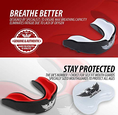 UK Warrior UKWARRIOR.CO.UK Protector bucal para Deportes de Contacto, Rugby, Artes Marciales, Karate, Rugby, MMA, Boxeo, Hockey, fútbol, Protector bucal, Rojo & Negro, Child (<7 Years Old)