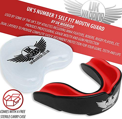 UK Warrior UKWARRIOR.CO.UK Protector bucal para Deportes de Contacto, Rugby, Artes Marciales, Karate, Rugby, MMA, Boxeo, Hockey, fútbol, Protector bucal, Rojo & Negro, Child (<7 Years Old)