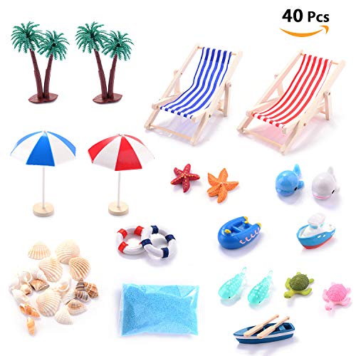 Ulikey 40 Piezas Playa Micro Paisaje, Miniatura Silla de Playa para DIY Figura Decorativa en Miniatura Jardín, para Playa Paraguas, Barco, Silla de Playa, Azul Arena