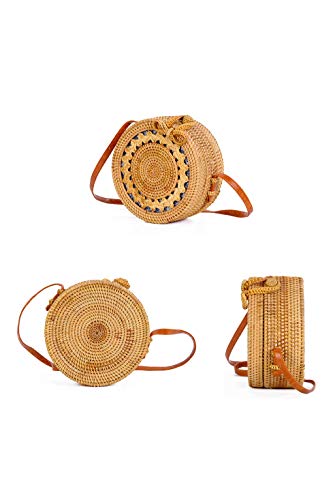 Ulisty Diseño de Talla Hueca Redondo Bolso de la Cesta de ratán Bolso de Paja de círculo Bolso Hecho a Mano Bolso de la Armadura Bolso Tejido a Mano Bolsa de Hombro para Mujeres/niñas Forro azu