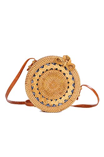 Ulisty Diseño de Talla Hueca Redondo Bolso de la Cesta de ratán Bolso de Paja de círculo Bolso Hecho a Mano Bolso de la Armadura Bolso Tejido a Mano Bolsa de Hombro para Mujeres/niñas Forro azu