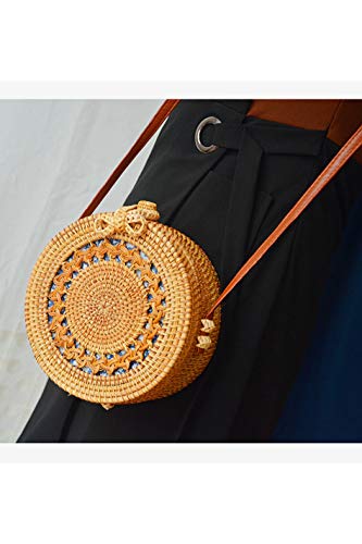 Ulisty Diseño de Talla Hueca Redondo Bolso de la Cesta de ratán Bolso de Paja de círculo Bolso Hecho a Mano Bolso de la Armadura Bolso Tejido a Mano Bolsa de Hombro para Mujeres/niñas Forro azu