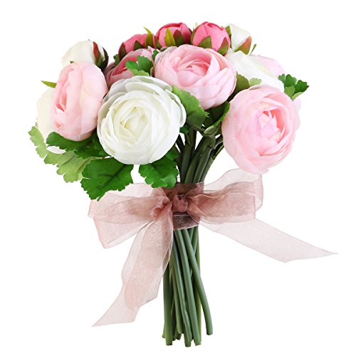 ULTNICE 10pcs vivo Aritifitial Camelia flores ramo de novia flores para banquete de bodas (rosa + blanco)