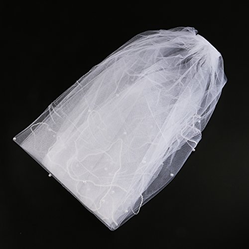 ULTNICE Velo de la venda de la corona 80CM Velo nupcial de la perla nupcial de la boda de la capa doble con el peine (blanco)