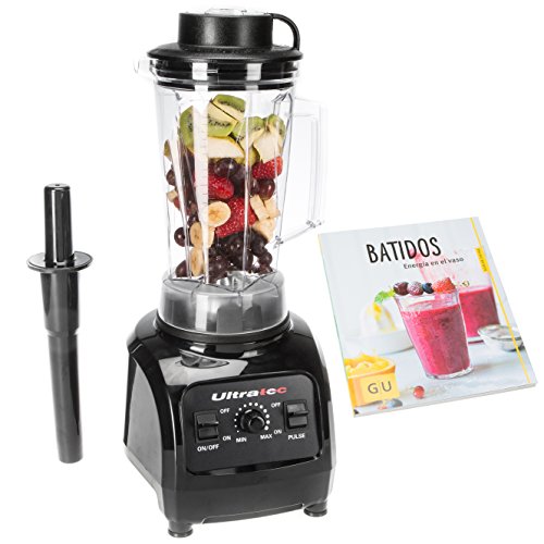 Ultratec SET20020000112 Batidora de vaso profesional de 2 litros/sin BFA / 1500 W / 22 000 rpm / 6 cuchillas de acero inoxidable/con majadero y Libro de Recetas de Smoothies, Plástico, Negro