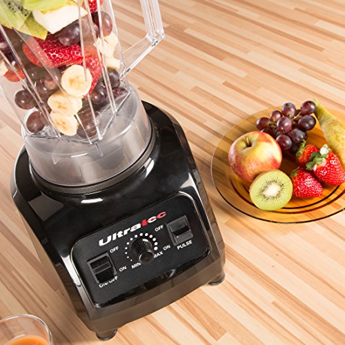 Ultratec SET20020000112 Batidora de vaso profesional de 2 litros/sin BFA / 1500 W / 22 000 rpm / 6 cuchillas de acero inoxidable/con majadero y Libro de Recetas de Smoothies, Plástico, Negro