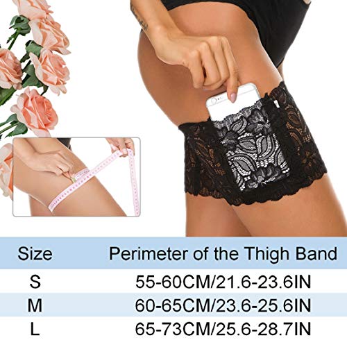 UMIPUBO - Banda para muslo, antifricción, elástica, de silicona, para mujer, media de encaje con bolsillo para teléfono móvil Negro Noir (1 Paire)