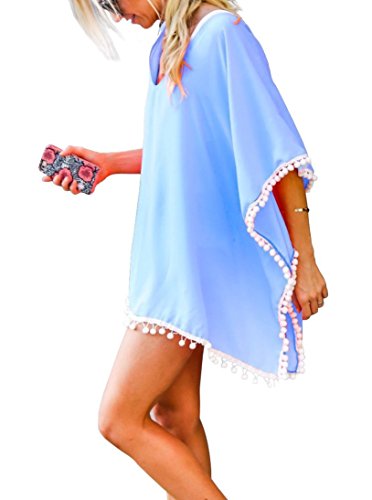 UMIPUBO Mujer Ropa de Baño Suelto Vestido de Playa Borla Verano Camisolas y Pareos Transparente Bikini Cover up (Azul Claro)