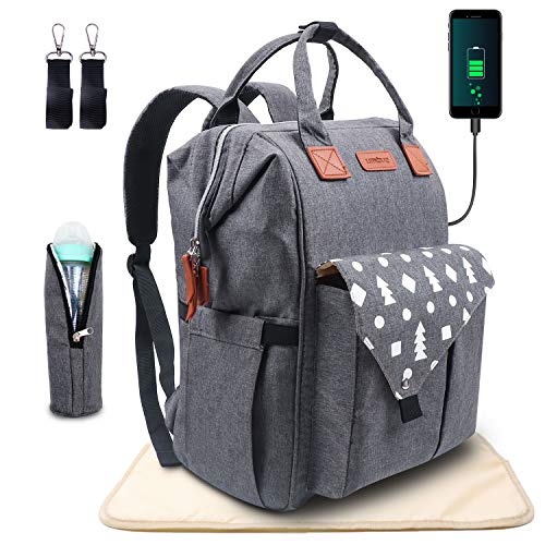 Umitive Mochilas de Pañales para Bebé, Maternal Bolso Multifuncional con USB de Viaje, Gran Capacidad, Impermeable, Enviar 2 Correas de Cochecito y 1 Cambiador y 1 Bolsa Aislante, Gris