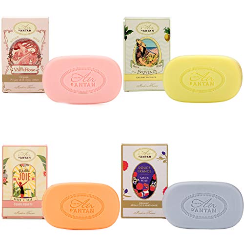 Un Air d’Antan Caja Regalo Mujer 4 Jabones Manteca de Karite Organico, Aceite de Argan|4 Perfumes Verbena, Rosa, Lirio de los Valles, Almendras |Jabon 4x100g Navidad Regalo Mujer Originales Cumpleaños