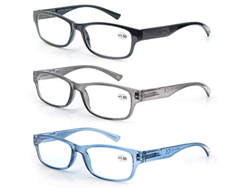 Un Pack de 3 Gafas de Lectura 1.25/Gafas para Presbicia Hombre Mujer,Buena Vision Ligeras Comodas,Vista de Cerca/Vista Cansada,Colores Negro-Gris-Azul