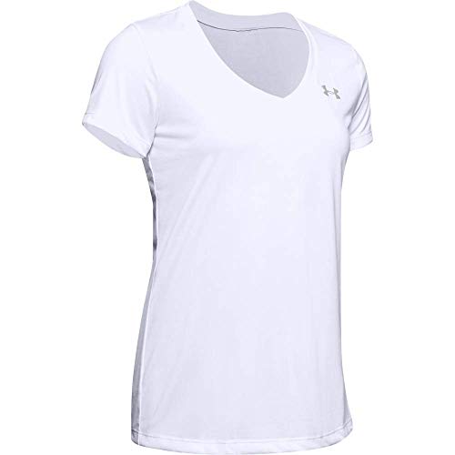 Under Armour Tech Short Sleeve V-Solid Camiseta, Mujer, Blanco (White/Metallic Silver 100), XS