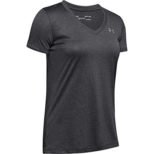 Under Armour Tech Short Sleeve V-Solid Camiseta, Mujer, Gris (Carbon Heather/Metallic Silver 090), XS