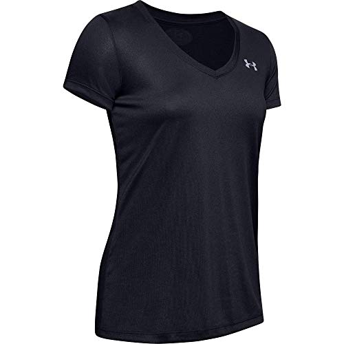 Under Armour Tech Short Sleeve V-Solid Camiseta, Mujer, Negro (Black/Metallic Silver 002), L