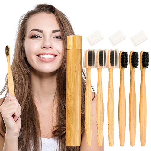 UNEEDE Cepillo Dientes Bambu,paquete de 6 juegos de cepillos cepillo dientes dientes de cerdas de carbón de bambú suave original Juego de cepillos de dientes manuales para el hogar y los viajes