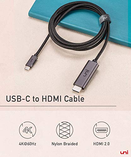 uni Cable USB C a HDMI [4K@60Hz], Cable USB tipo C a HDMI [Compatible con Thunderbolt 3] para MacBook Pro 2019/2018/2017, MacBook Air/iPad Pro 2018, Surface Book 2, Samsung S10 y más-Gris-Los 6ft/1.8m