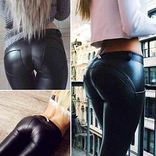 Uni-Wert Mujeres PU Leggins Cuero Brillante Negro Pantalón Cintura Alta Skinny Elásticos Pantalones