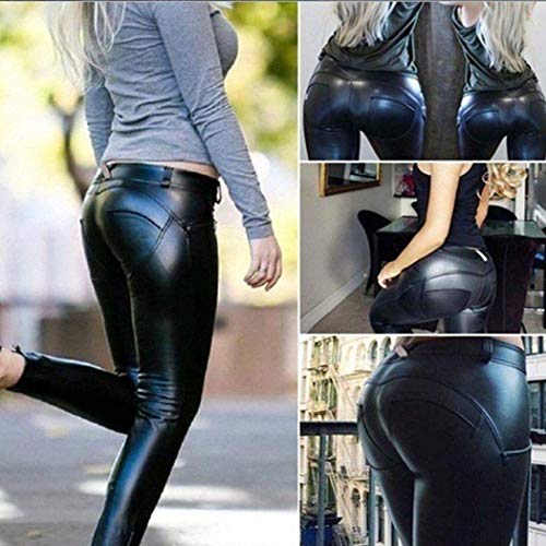 Uni-Wert Mujeres PU Leggins Cuero Brillante Negro Pantalón Cintura Alta Skinny Elásticos Pantalones