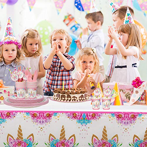 Unicornio Desechable Vajilla Accesorio de Decoración de Fiesta de Cumpleaños para 16 personas Rosa Desechable Plato Servilletas  Taza  Paja Mantel para Niños Niña Baby Shower Boda 113 Piezas