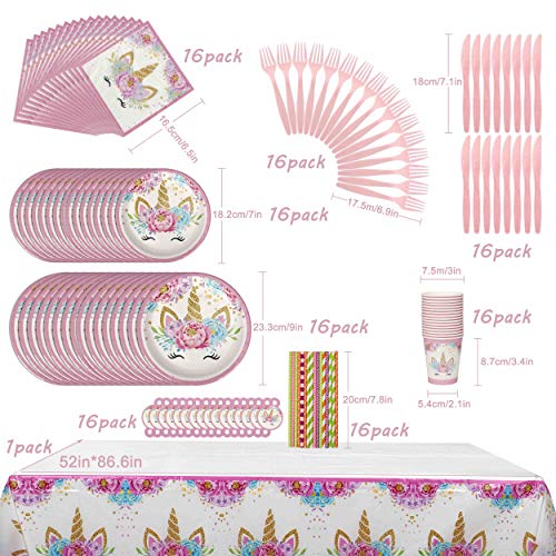 Unicornio Desechable Vajilla Accesorio de Decoración de Fiesta de Cumpleaños para 16 personas Rosa Desechable Plato Servilletas  Taza  Paja Mantel para Niños Niña Baby Shower Boda 113 Piezas