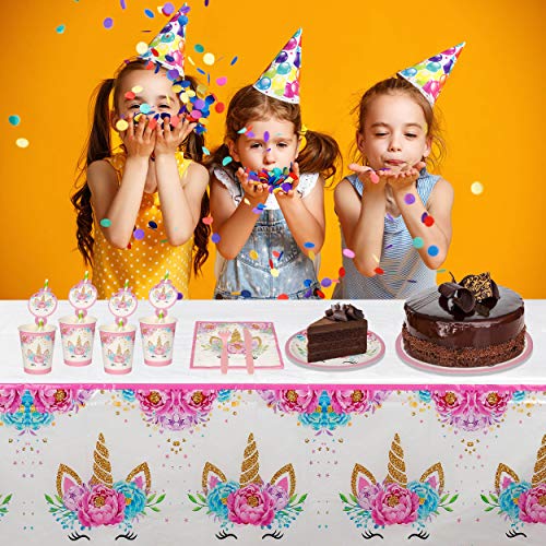 Unicornio Desechable Vajilla Accesorio de Decoración de Fiesta de Cumpleaños para 16 personas Rosa Desechable Plato Servilletas  Taza  Paja Mantel para Niños Niña Baby Shower Boda 113 Piezas