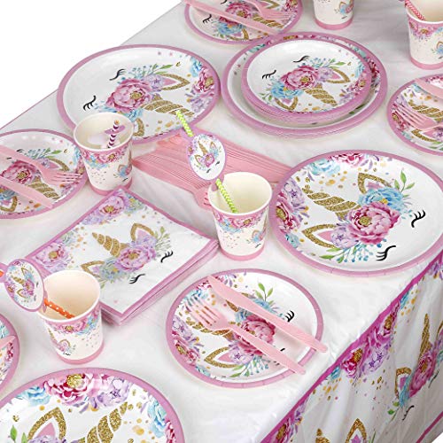 Unicornio Desechable Vajilla Accesorio de Decoración de Fiesta de Cumpleaños para 16 personas Rosa Desechable Plato Servilletas  Taza  Paja Mantel para Niños Niña Baby Shower Boda 113 Piezas