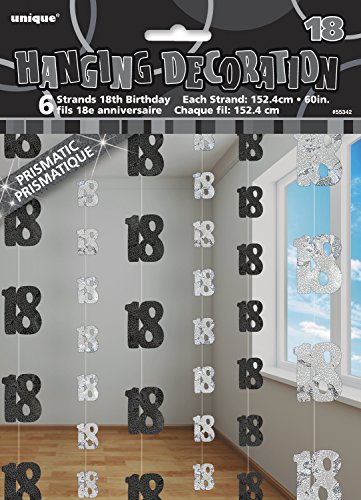 Unique Party- Paquete de 6 Decoraciones cumpleaños, Color negro, edad 18 (55342)