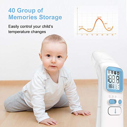 UNTIRE Termómetro Infrarrojo, Multifuncional sin Contacto Termómetro Digital Frente, Lectura Rapido Precisa Termómetros Oído con Pantalla LCD, Alarma Fiebre Función Memoria para Adultos, Niños, Bebés