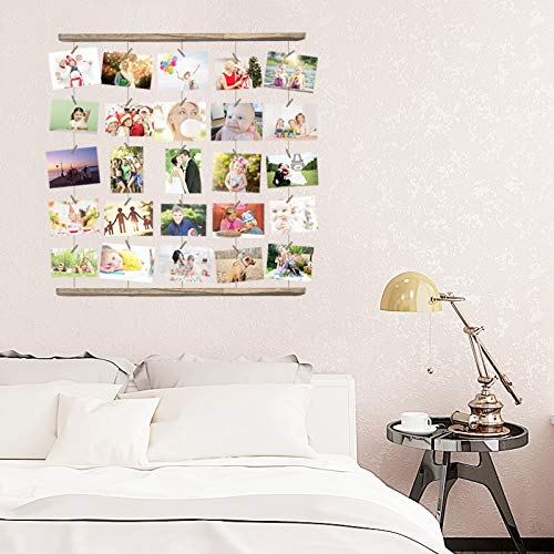 Uping Marco de Fotos de Pared de Madera | Con Cuerda y 30 Pinzas de Madera | 66CM * 74CM | Decoración de la pared, idea del regalo, para foto dibujo memorándum cartel etc. (Color de Madera Claro)
