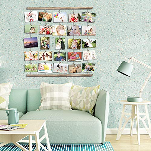 Uping Marco de Fotos de Pared de Madera | Con Cuerda y 30 Pinzas de Madera | 66CM * 74CM | Decoración de la pared, idea del regalo, para foto dibujo memorándum cartel etc. (Color de Madera Claro)